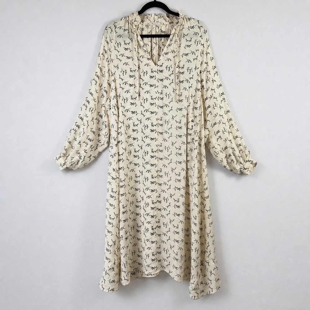 Mes Demoiselles Paris 100% Silk Dress Ivory Floral Boho Maxi Shift Tie Neck 38 M